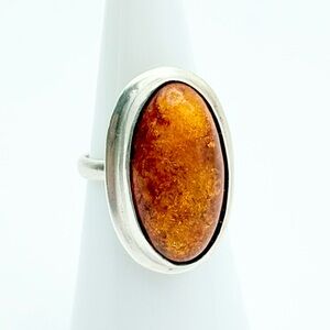Baltic Amber Sterling Silver Ring w/ European 925 Hallmark - Long Oval Statement